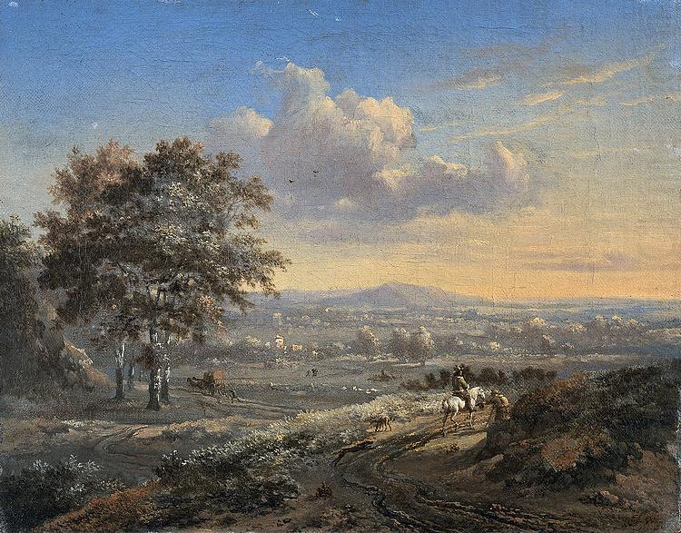 Hilly landscape with a rider on a country road., Jan Wijnants